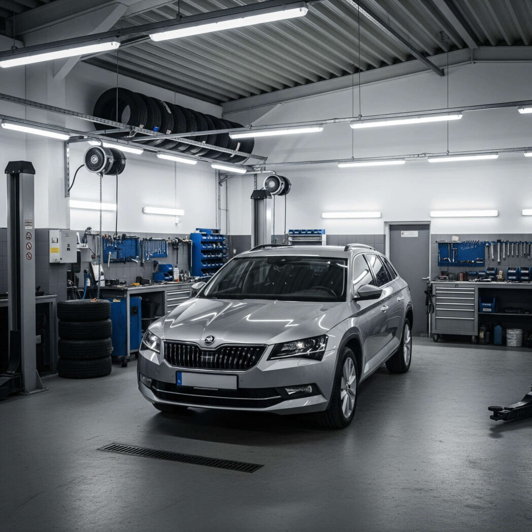 skoda car in the mechanic shop ready for a service
