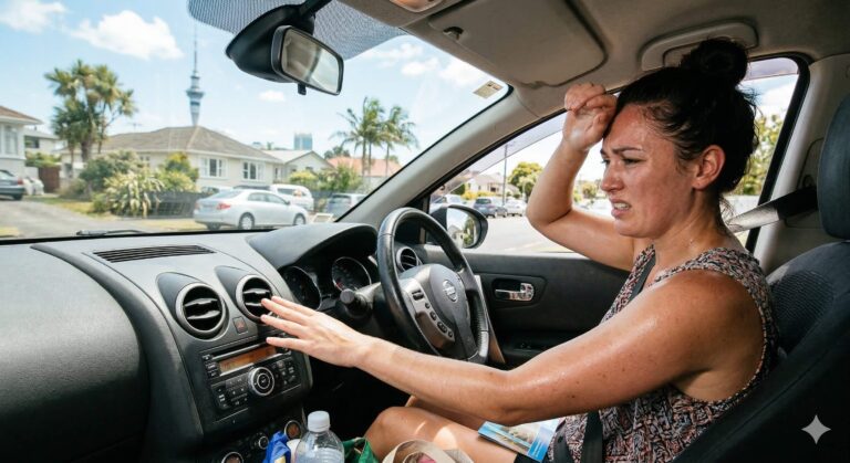 woman driver feeling exhausted due to airconditioning fail to work
