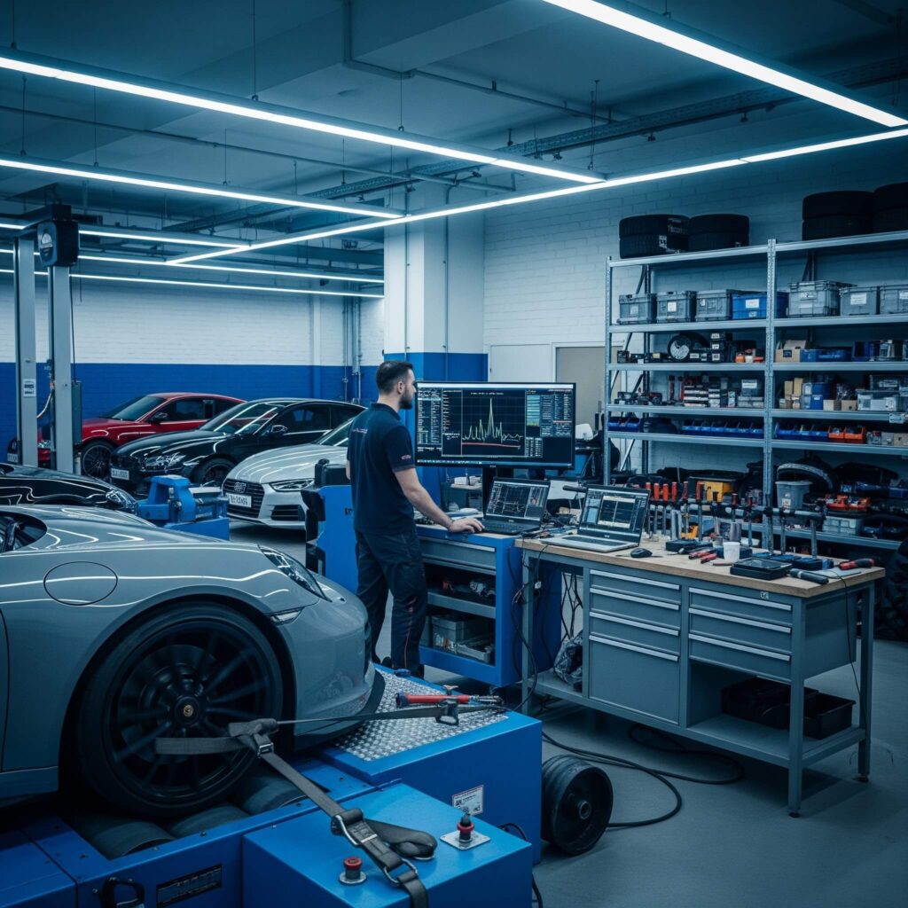 Audi in a European car workshop being diagnosed