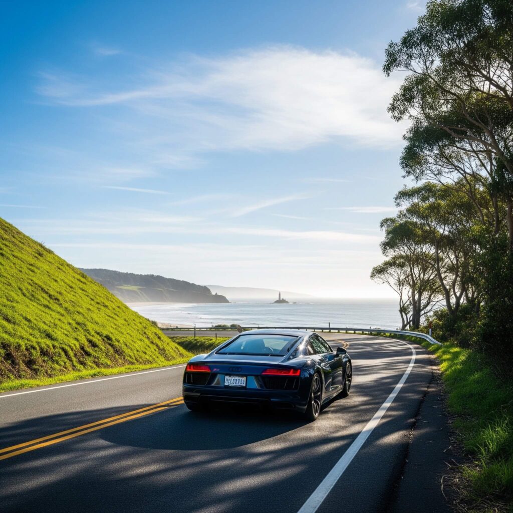 Black Lamborghini driving on a coastal road