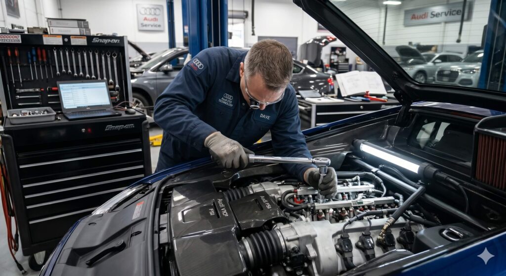 master technician working with precision on a specialized Audi engine