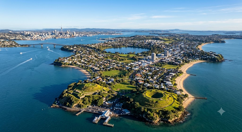 A drone view of Auckland's North Shore on a bright, sunny day. The foreground shows the Devonport peninsula with its green volcanic cones, beaches, and a coastal ferry terminal. In the distance, the Auckland Harbour Bridge and the downtown city skyline, featuring the Sky Tower, are visible across the blue waters of the Waitematā Harbour.