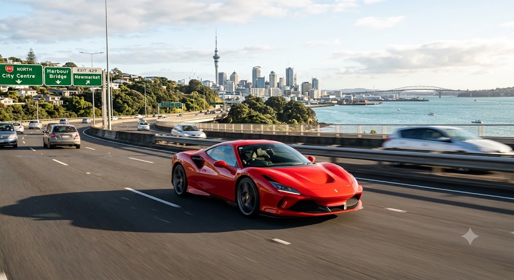 Red Ferrari driving on the motorway of Auckland during the find weather