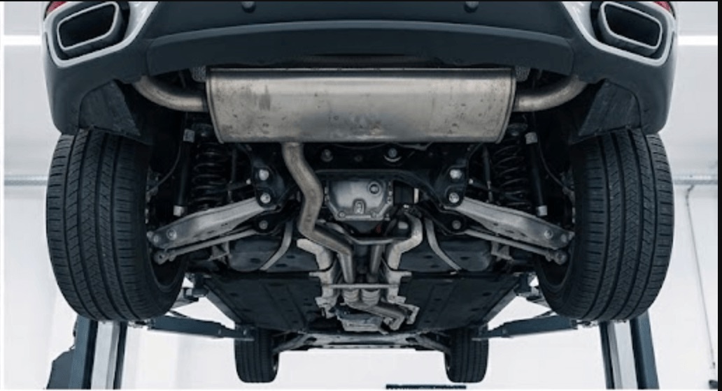 Undercarriage view of a European car on a hoist, showing the rear suspension and exhaust system during a mechanical inspection