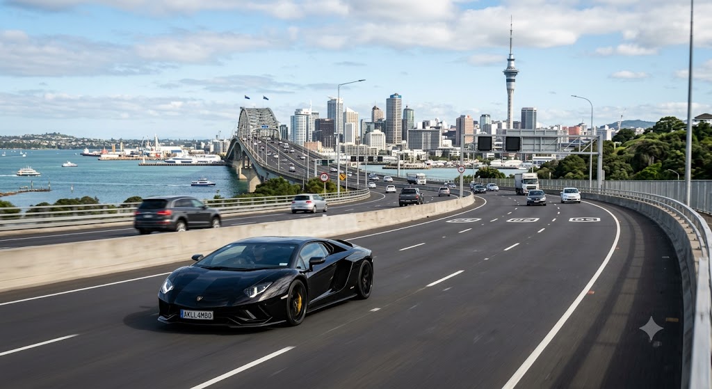 black lamborghini driving on the coastal motorway of Auckland