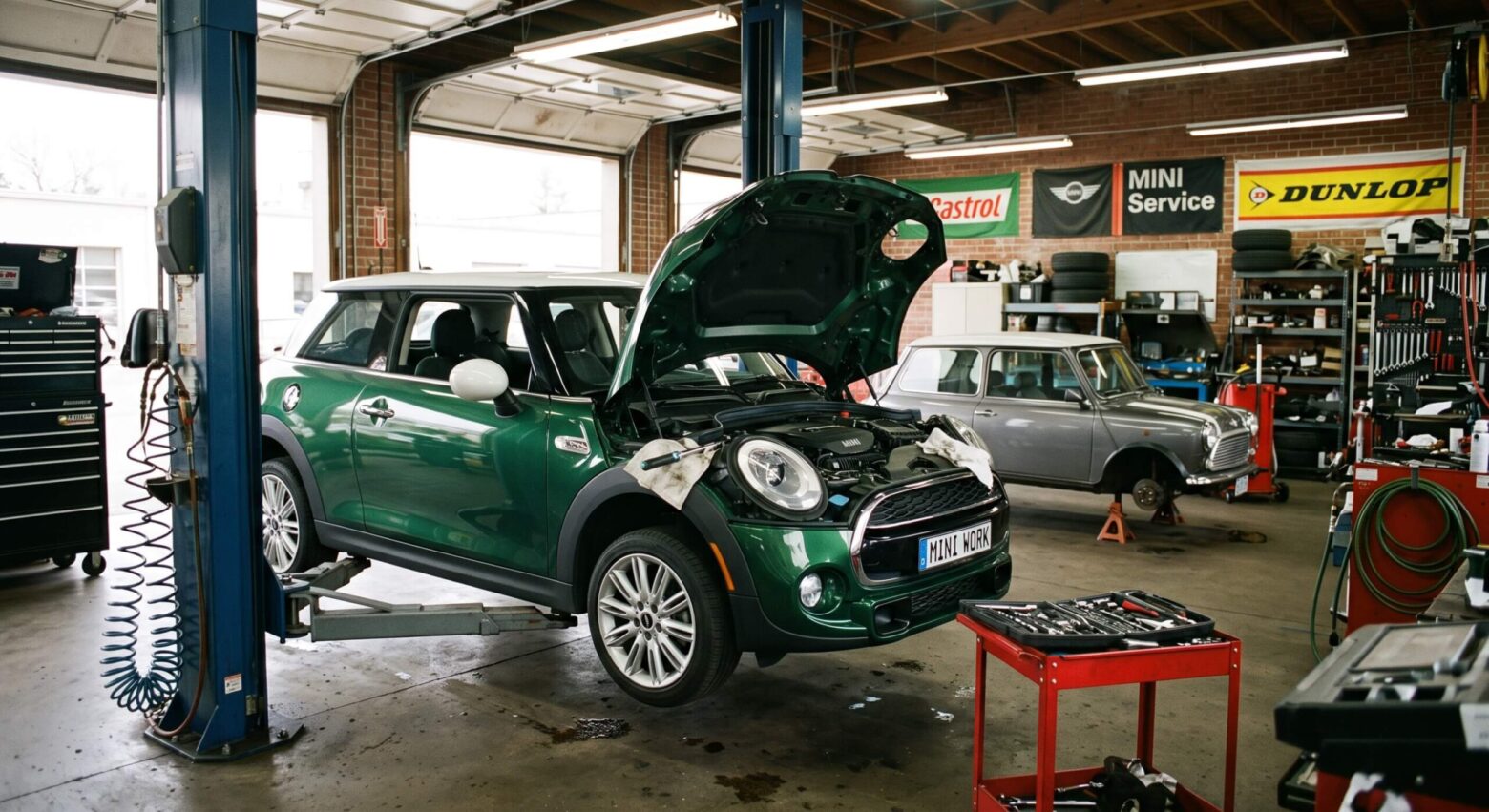 green mini inside the car workshop