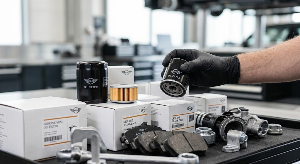 Genuine MINI service parts including oil filter and brake components