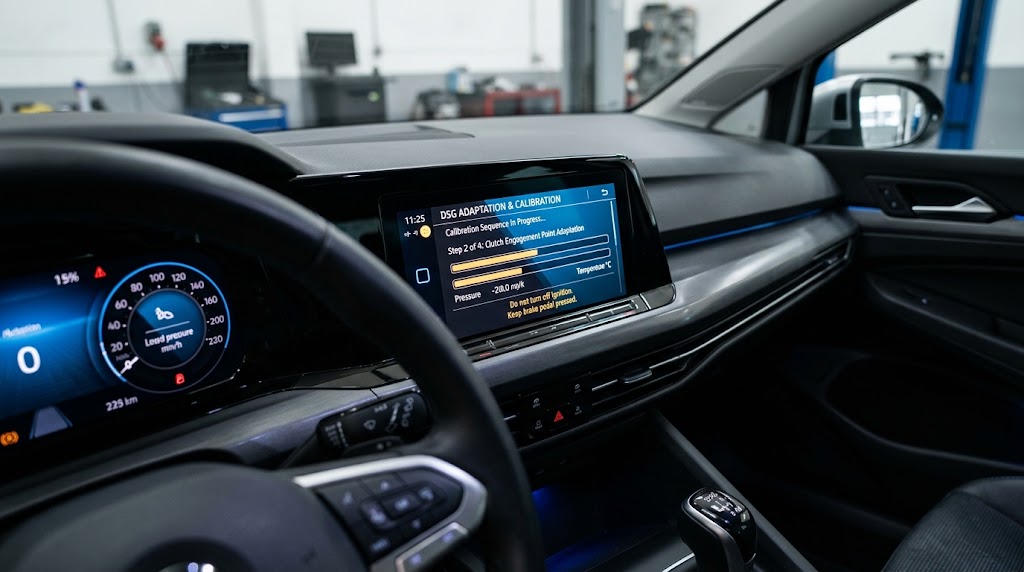 A close-up view of a modern European car dashboard interface displaying a DSG transmission adaptation and calibration menu