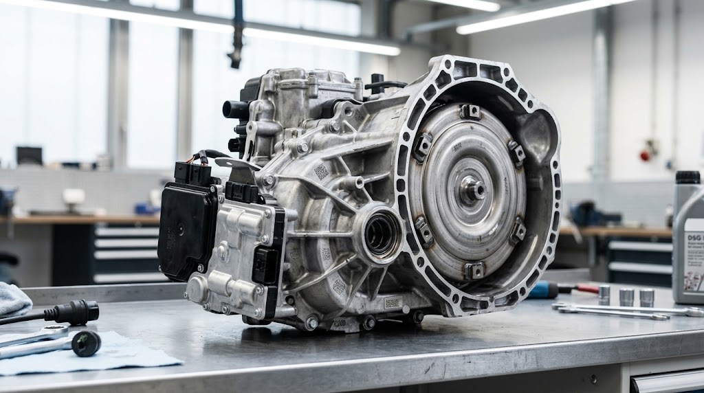 A complete Direct Shift Gearbox (DSG) transmission unit resting on a metal workbench in a professional auto repair workshop