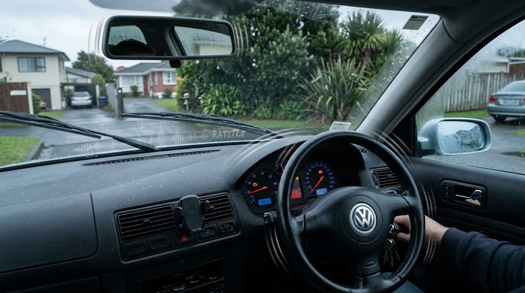 A driver's view inside a European car during a cold, wet morning start in Auckland