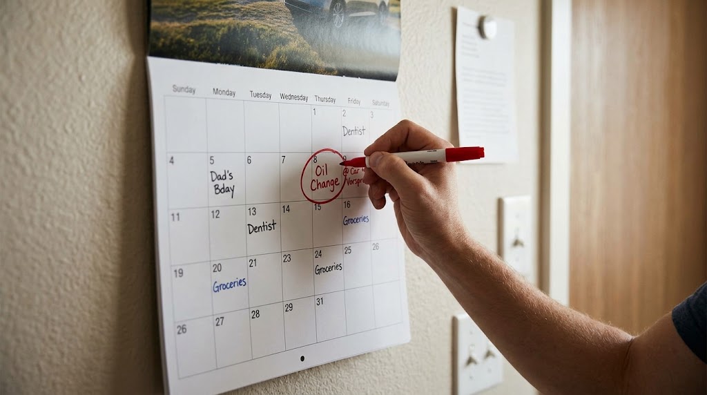 A hand marking Oil Change on a wall calendar, showing how often you should schedule your routine vehicle servicing