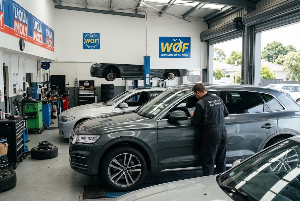 A mechanic in a Vorsprung Automobil uniform inspecting a grey Audi SUV during a WOF check inside a clean, modern workshop