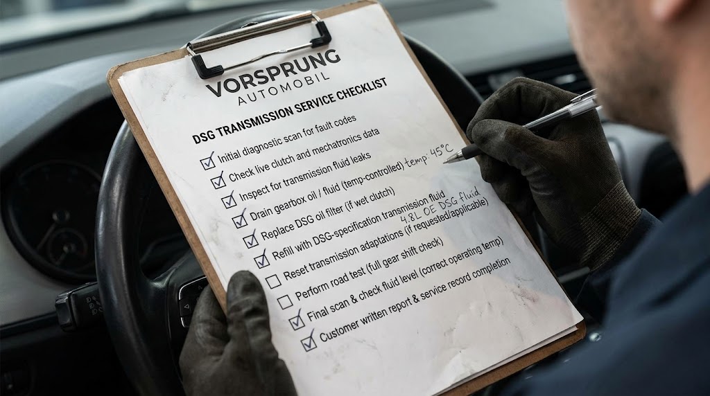 An auto mechanic holding a clipboard with a detailed DSG transmission service checklist, marking off completed steps like a diagnostic scan and fluid drain
