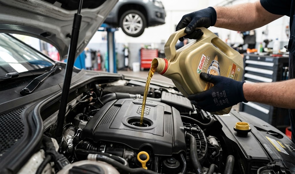 Auckland mechanic pouring approved German engine oil during a comprehensive European car logbook service