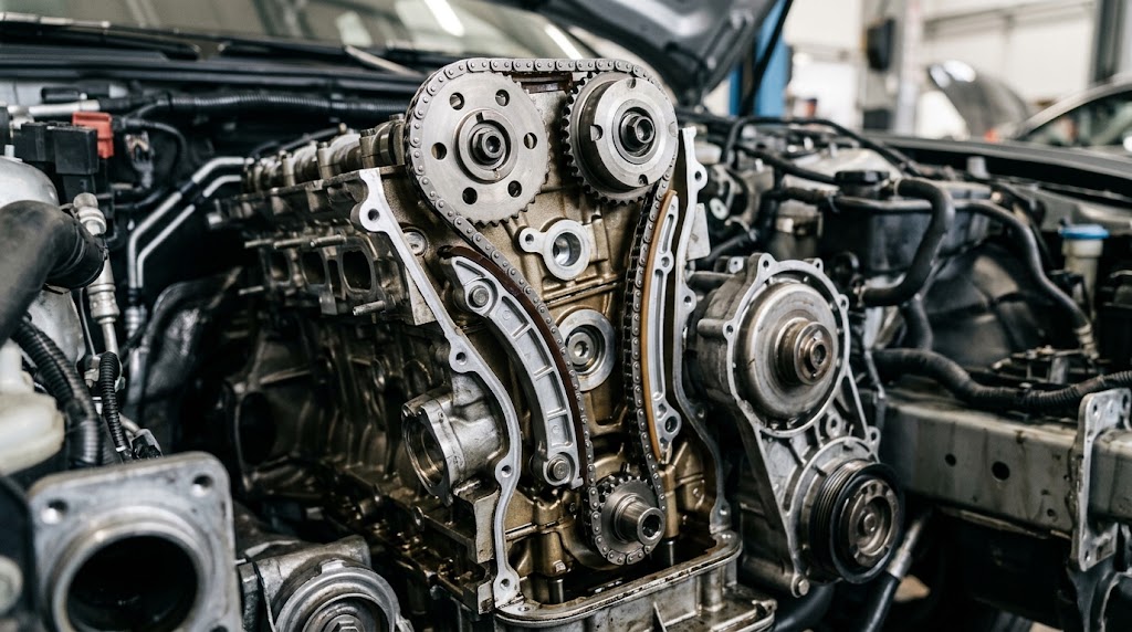 Close-up of an exposed metal timing chain linking the camshaft and crankshaft on a European car engine