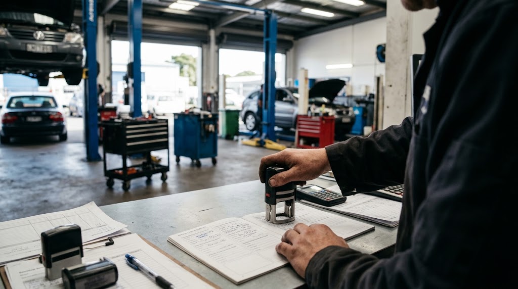 European car logbook being stamped by an independent Auckland mechanic to record scheduled maintenance and protect the manufacturer's warranty.