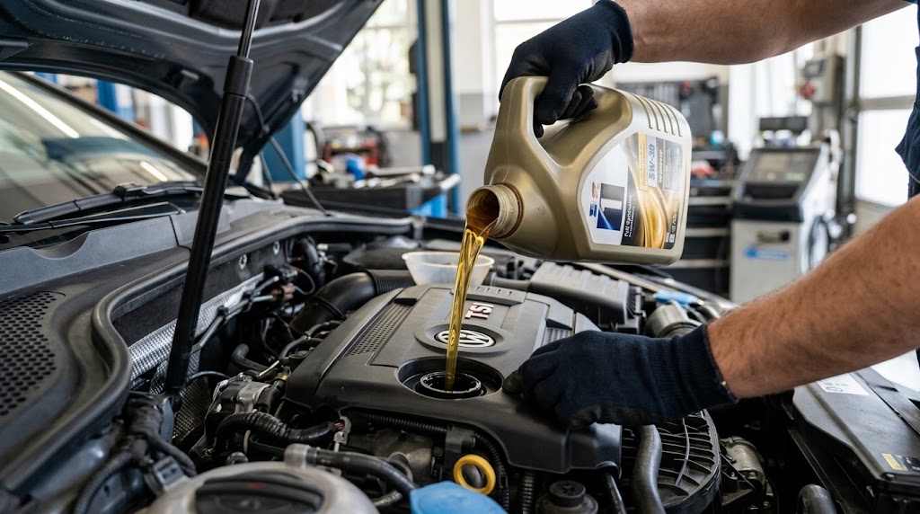 Mechanic pouring premium full synthetic oil during an oil change Auckland on a modern European car engine