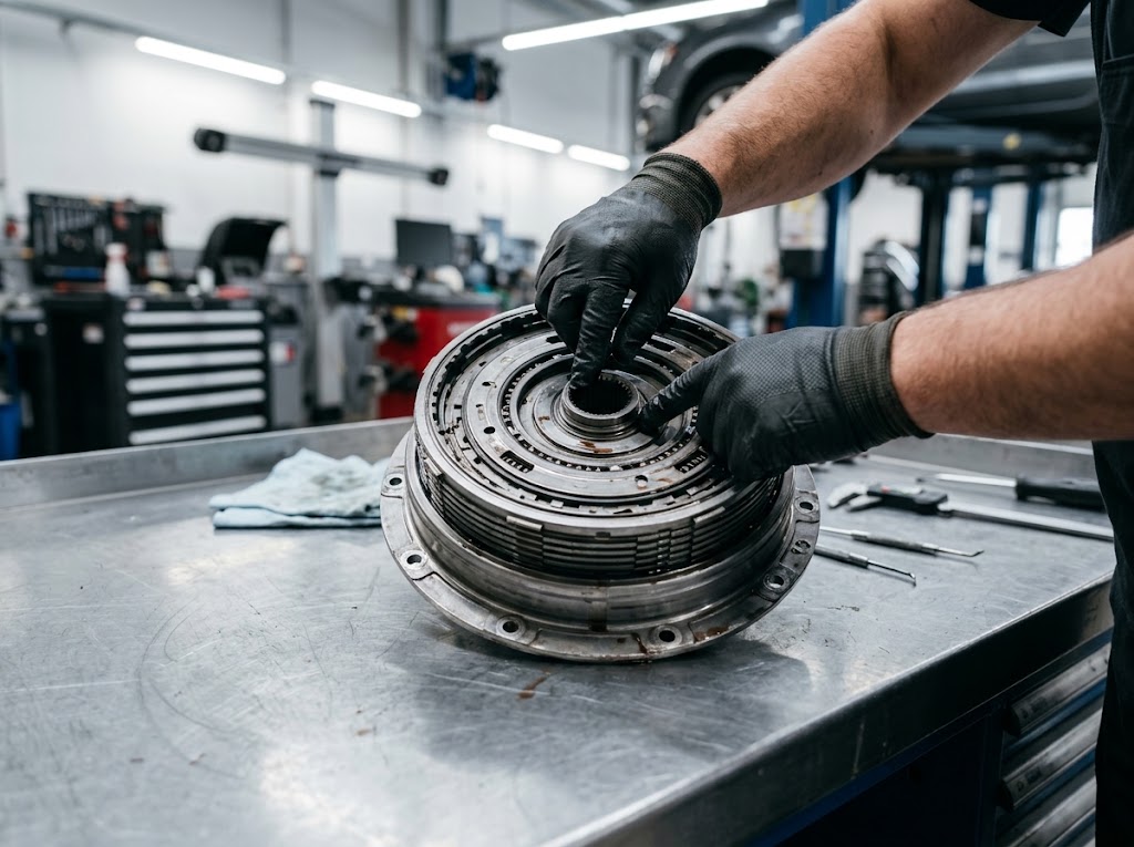 Mechanic's gloved hands inspecting a complex dual-clutch assembly from a DSG transmission on a workshop bench, illustrating wet and dry clutch components.