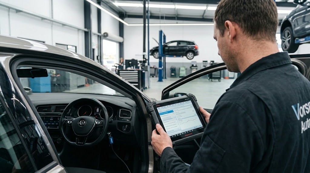 Over-the-shoulder view of an auto mechanic in a modern workshop using a diagnostic tablet scanner to read transmission fault codes on a European car